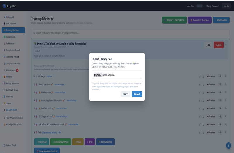 ScriptLMS Import Library Item window for adding a shared training page to My Library